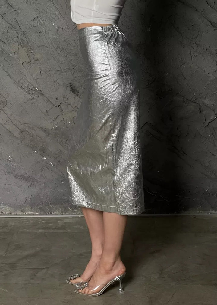 Crumpled Foil Texture High Waisted Midi Skirt