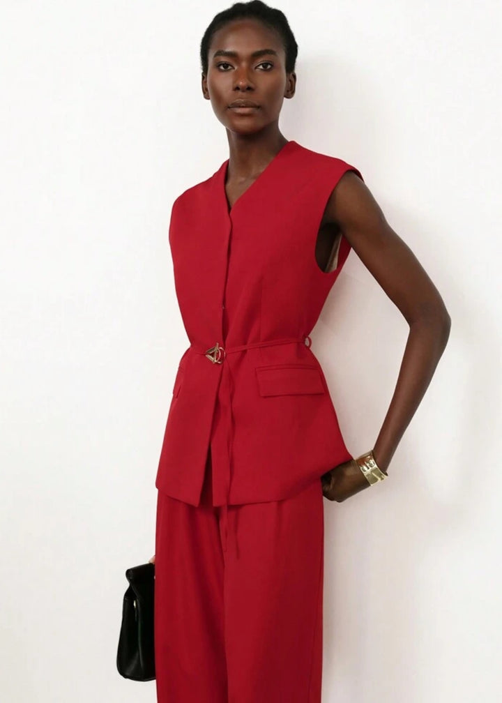 Sleeveless V-Neck Pocket Belted Vest