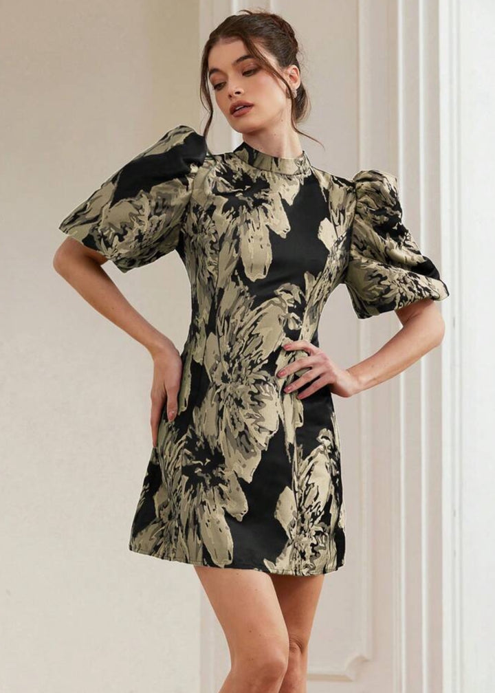 Jacquard Puff Sleeve Mock Neck Dres