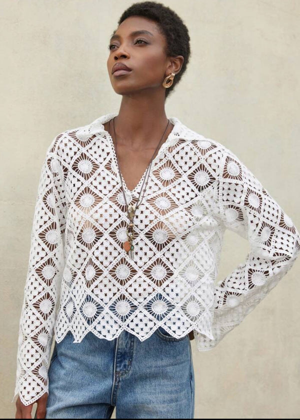 Crochet Lace Open Stitch Collared Blouse