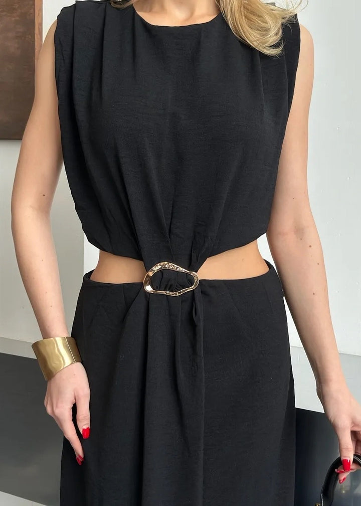 Buckle Detail Cutout Sleeveless Maxi Dress