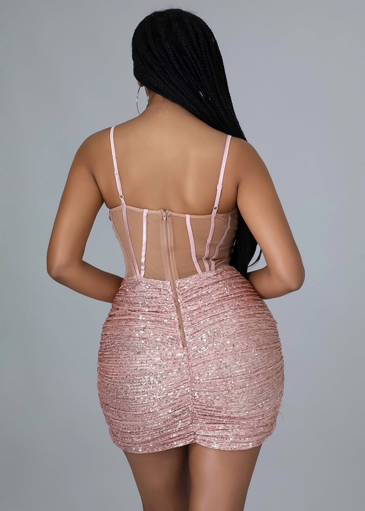 Mesh Insert Sequin Ruched Detail Bustier Cami Bodycon Dress