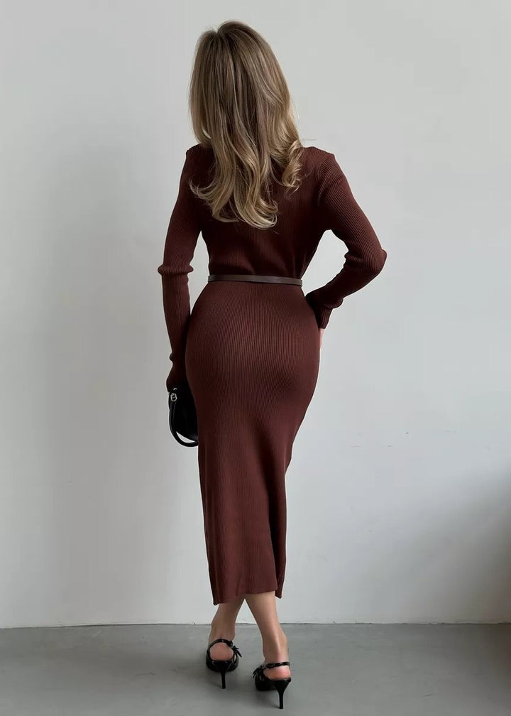 Buttoned Front Belted Knit Midi Dress