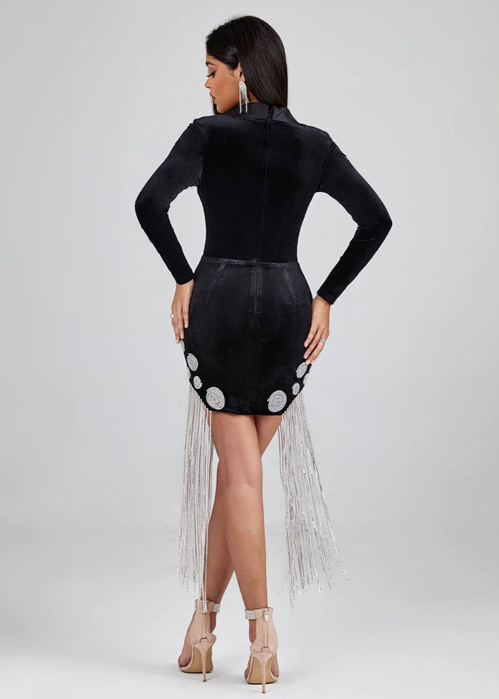 Lapel Collar Rhinestone & Tassel Decor Mini Dress