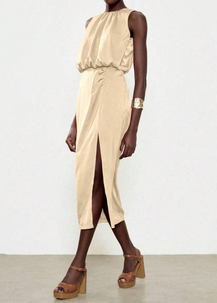 Sleeveless Side Slit Ruched Midi Dress