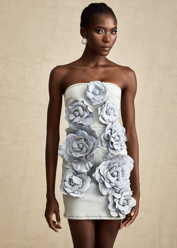 Strapless Denim Floral Applique Mini Dress