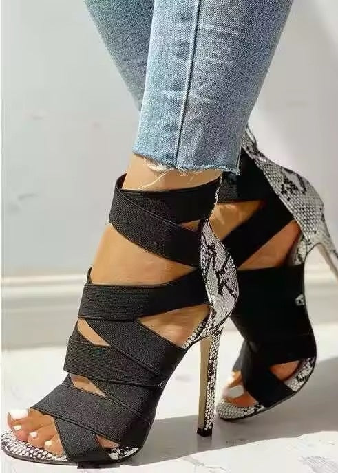 Snakeskin Pattern Peep Toe High-Heeled Sandals