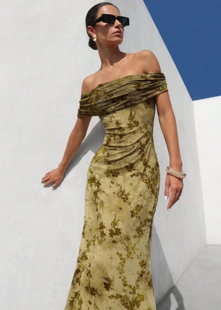 Floral Print Ruched Off-Shoulder Gown