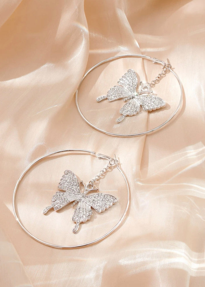 Rhinestone Butterfly Decor Circle Earrings