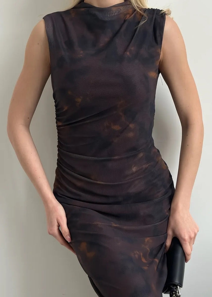 Sleeveless Maxi Dress with Ruched Sides and Tie‑Dye Print