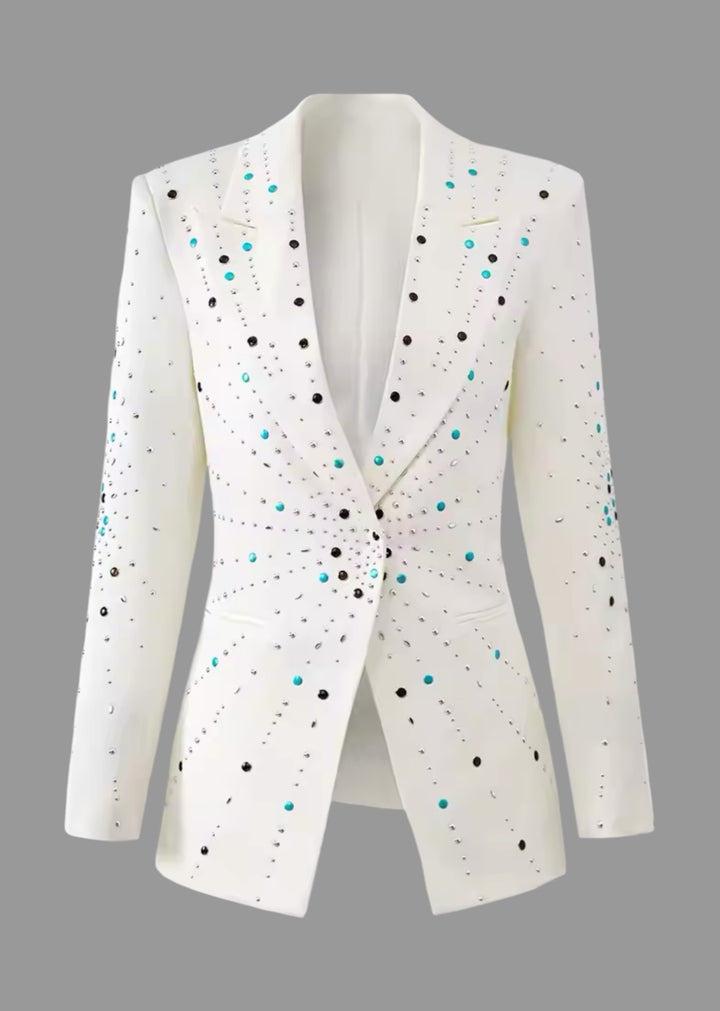 Alika Rhinestone Decor White Blazer