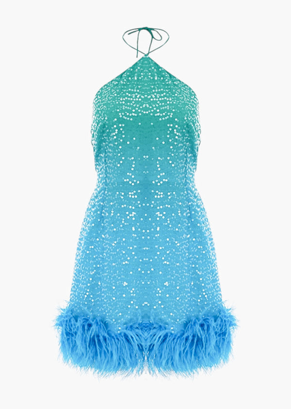 Fuzzy Trim Halter Neck Sequined Mini Dress