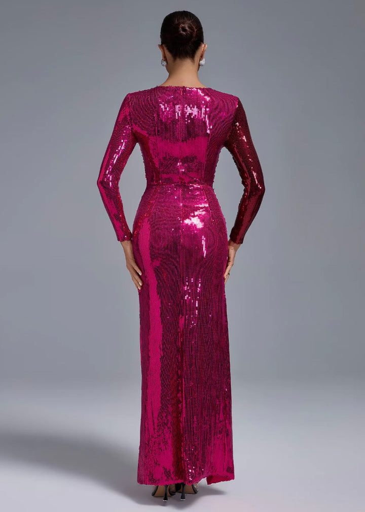 Two Tone Long Sleeve Sequined Maxi Dress
