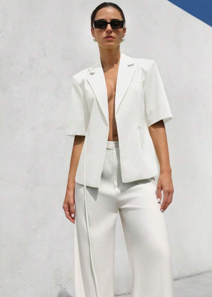 Lapel Neck Short Sleeve Tie Blazer