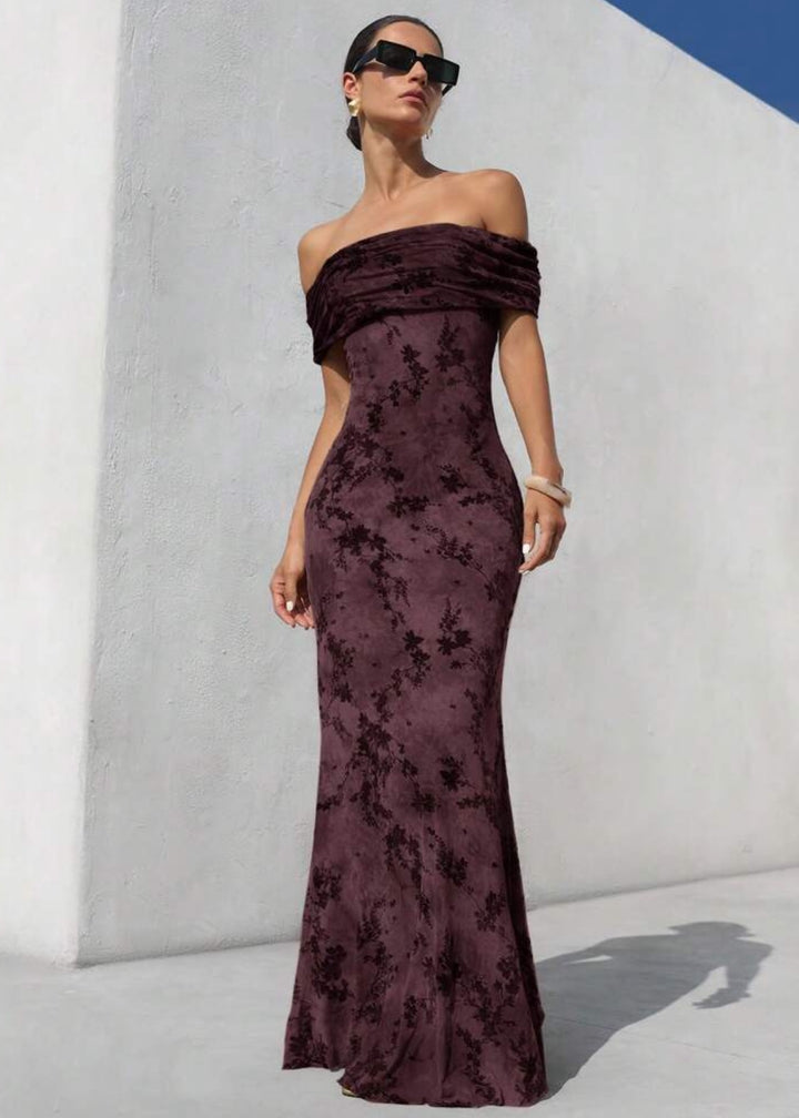 Floral Print Ruched Off-Shoulder Gown