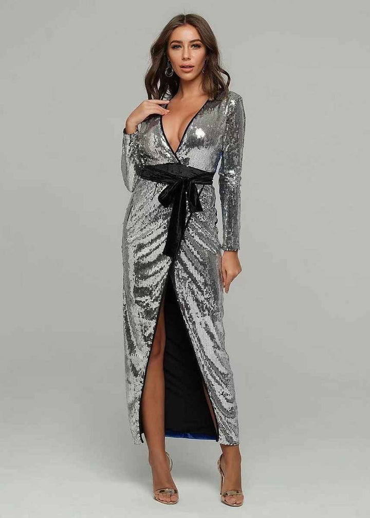 Sequined Front Velvet Back Wrap Maxi Dress