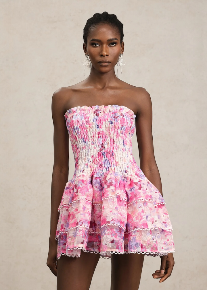 Smocked Bodice Strapless Ruffled Tiered Mini Dress