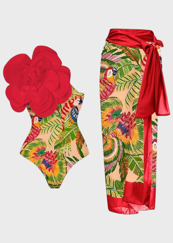 3D Big Flower Decor Tropical Print Monokini