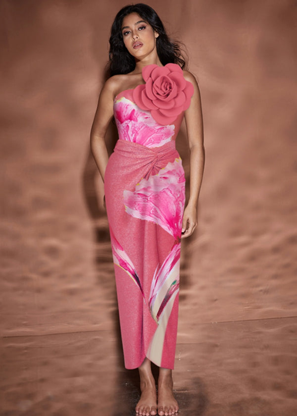 3D Big Flower Decor Floral Print Swimsuit & Cover-Up Wrap Skirt in Hot Pink