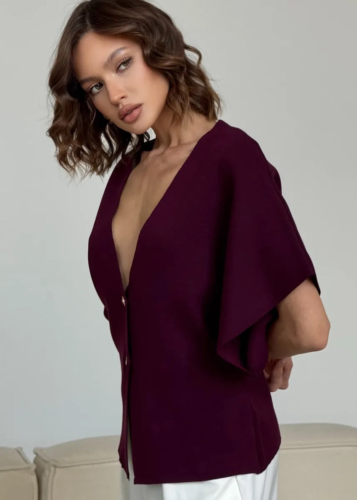 Button-Front V-Neck Loose-Fitting Top