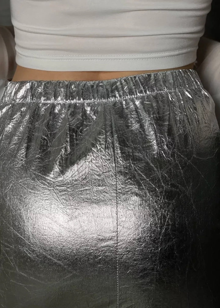 Crumpled Foil Texture High Waisted Midi Skirt