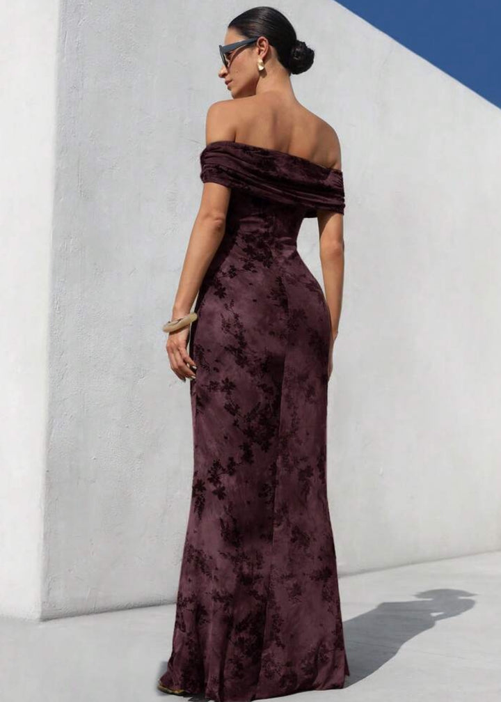 Floral Print Ruched Off-Shoulder Gown