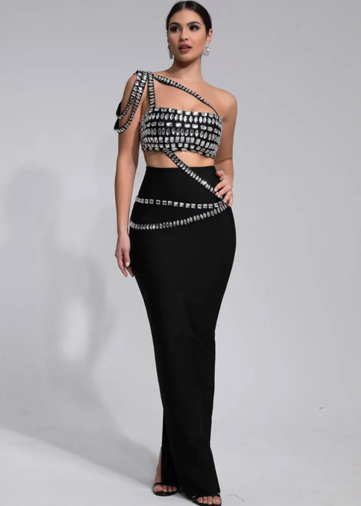 Rhinestone Draping Shoulder Two-Piece Dress