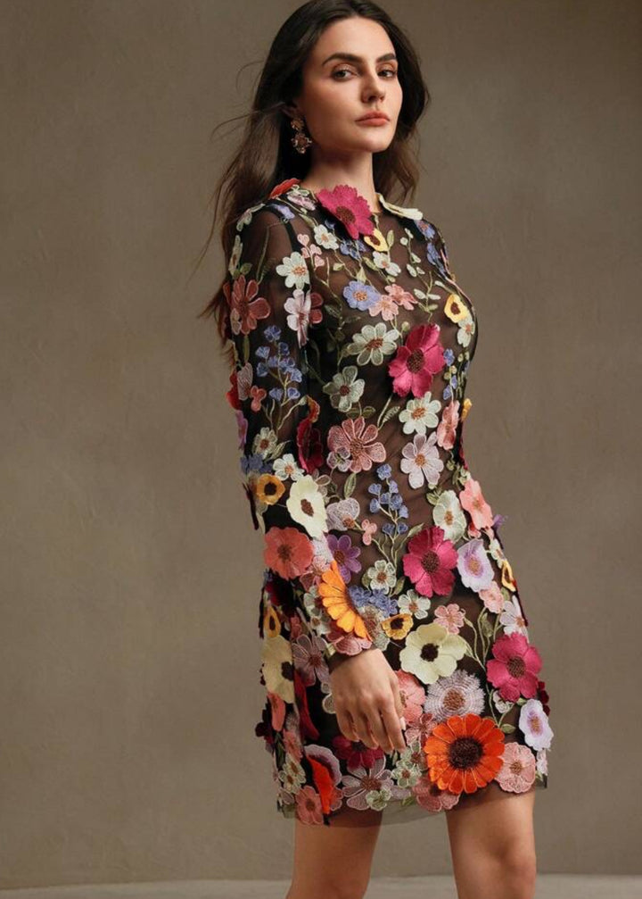 Floral Appliqué Open Back Mini Dress