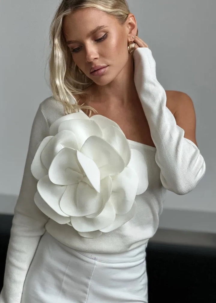 One Shoulder 3D Flower Decor Long Sleeved Top