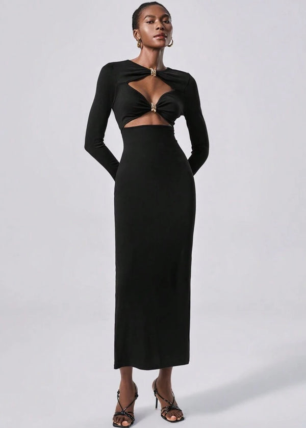 Long Sleeve Cutout Front Clasp Maxi Dress