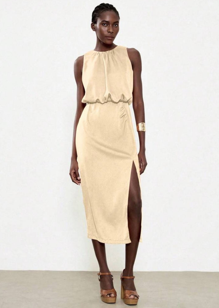 Sleeveless Side Slit Ruched Midi Dress