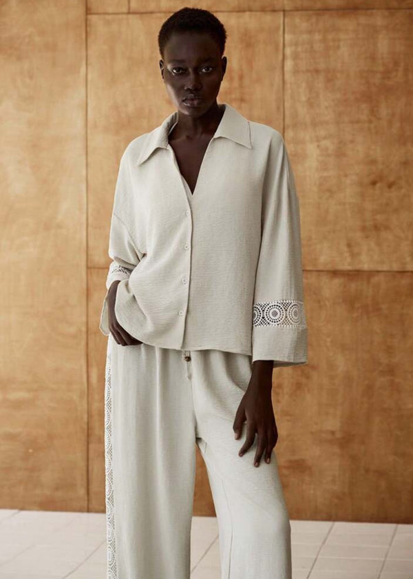 Collared Crochet Cuff Button-Front Shirt