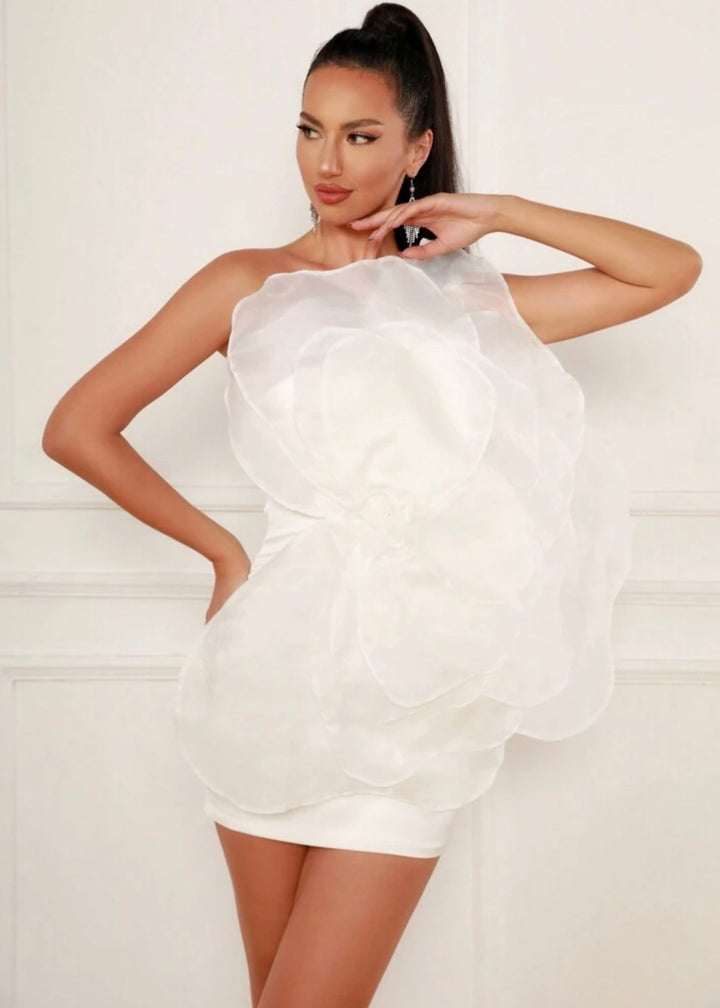 One Shoulder Big Flower Detail Mini Dress in White