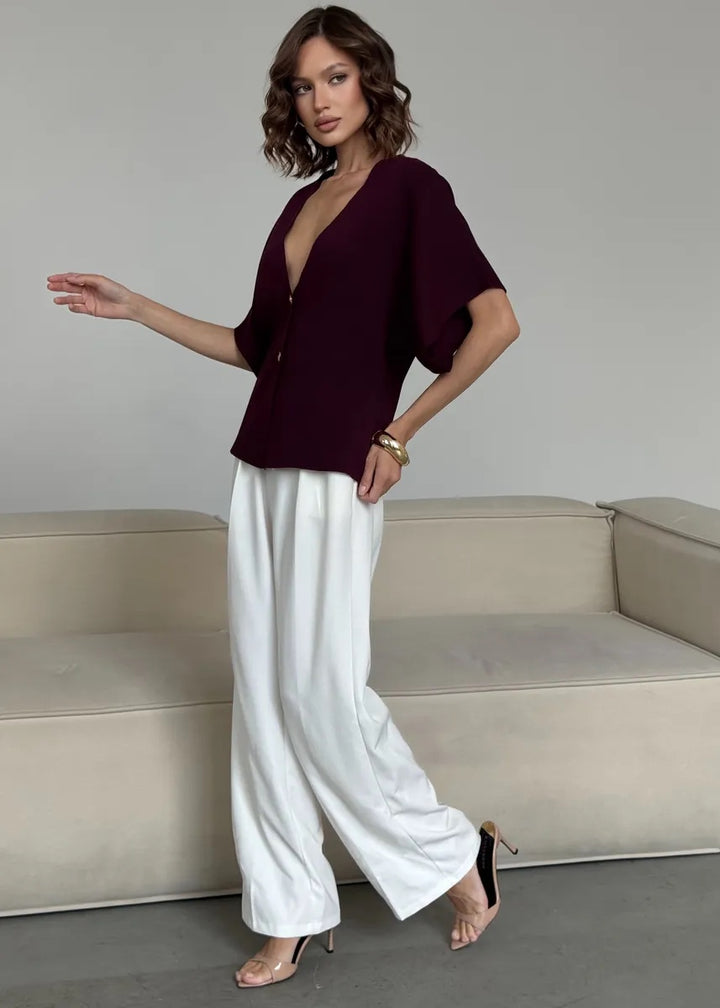 Button-Front V-Neck Loose-Fitting Top