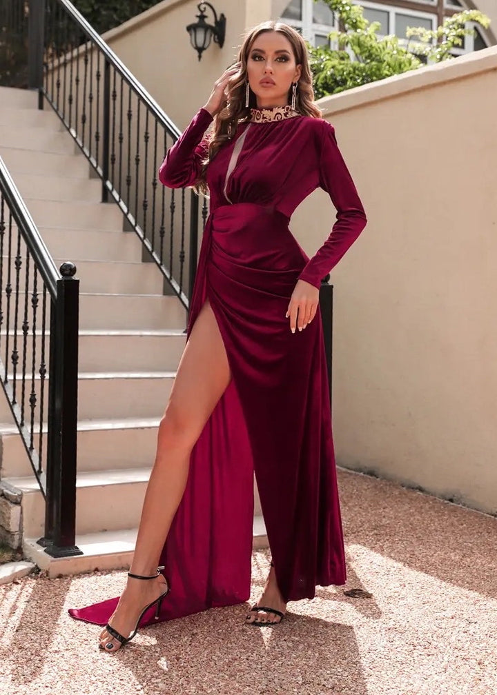 Long Sleeved High Side Split Maxi Velvet Dress