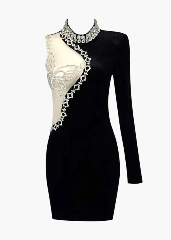 Rhinestone Butterfly Decor One-Shoulder Velvet Dress