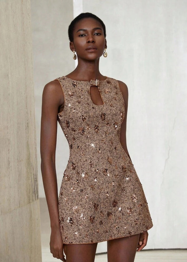 Keyhole Detail Sequin Tweed Mini Dress