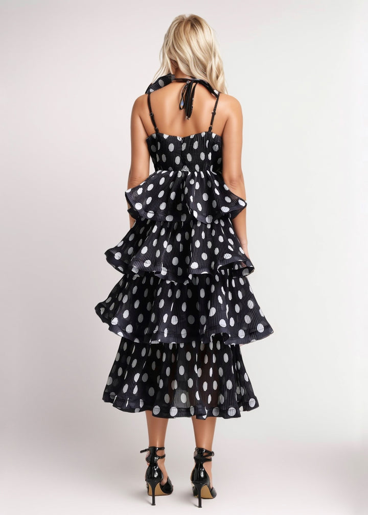 Emilia Polka Dot Print Cascade Dress with Choker