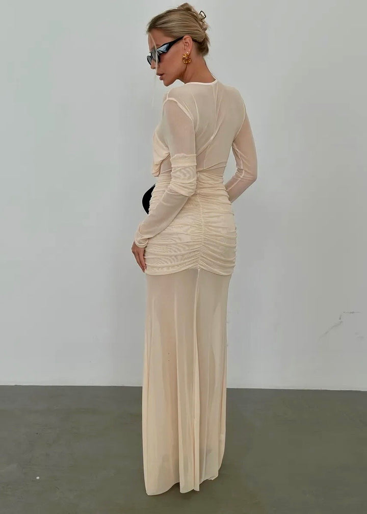 Long Sleeve Ruched Mesh Maxi Dress