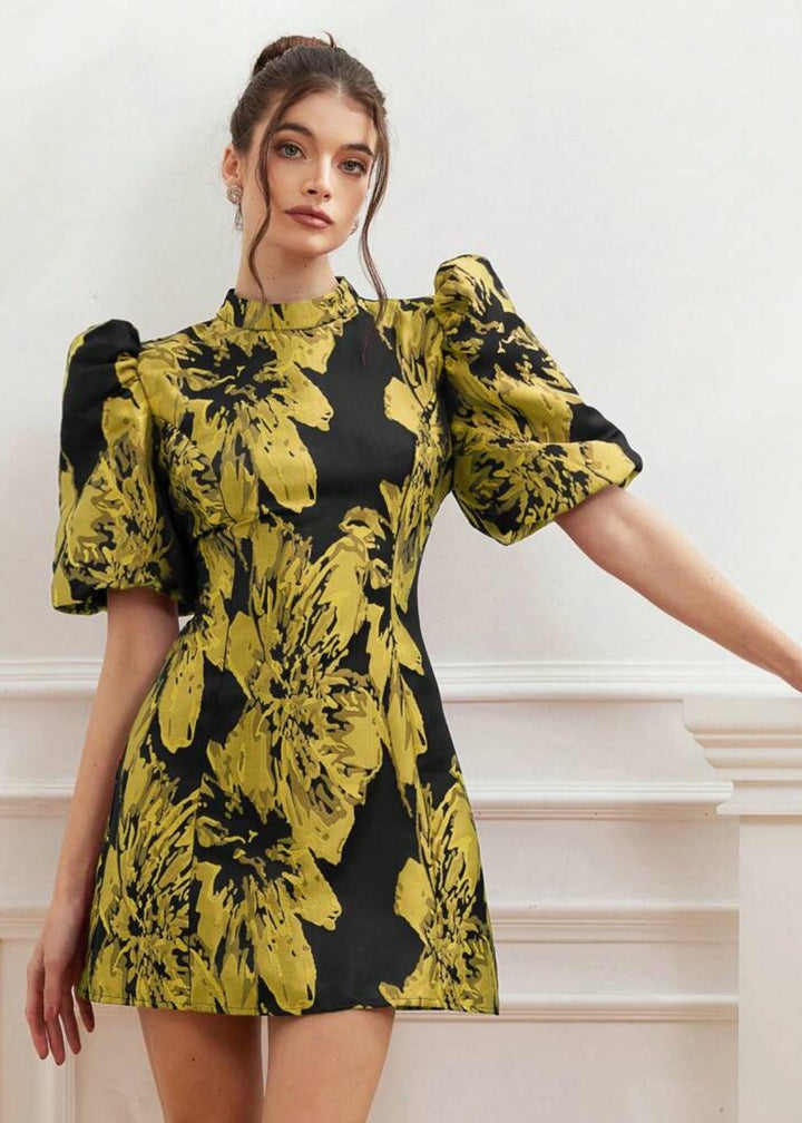 Jacquard Puff Sleeve Mock Neck Dres