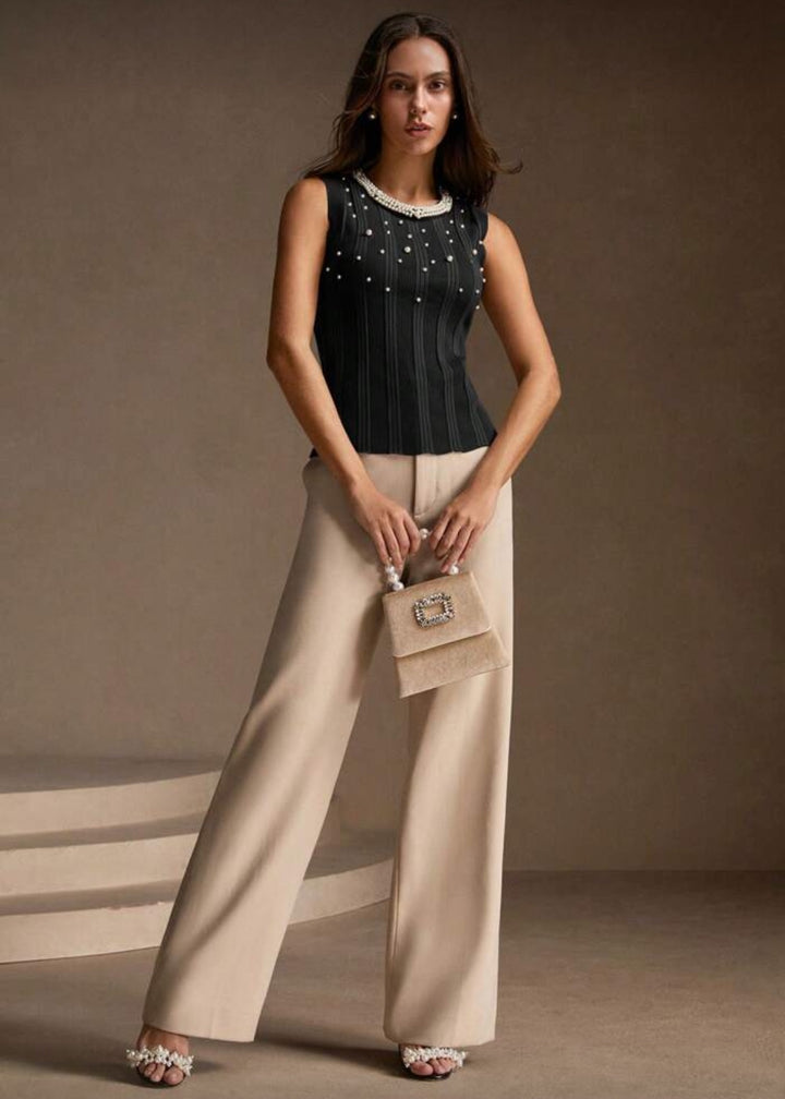 Ribbed Knit Sleeveless Faux Pearl Trim Top