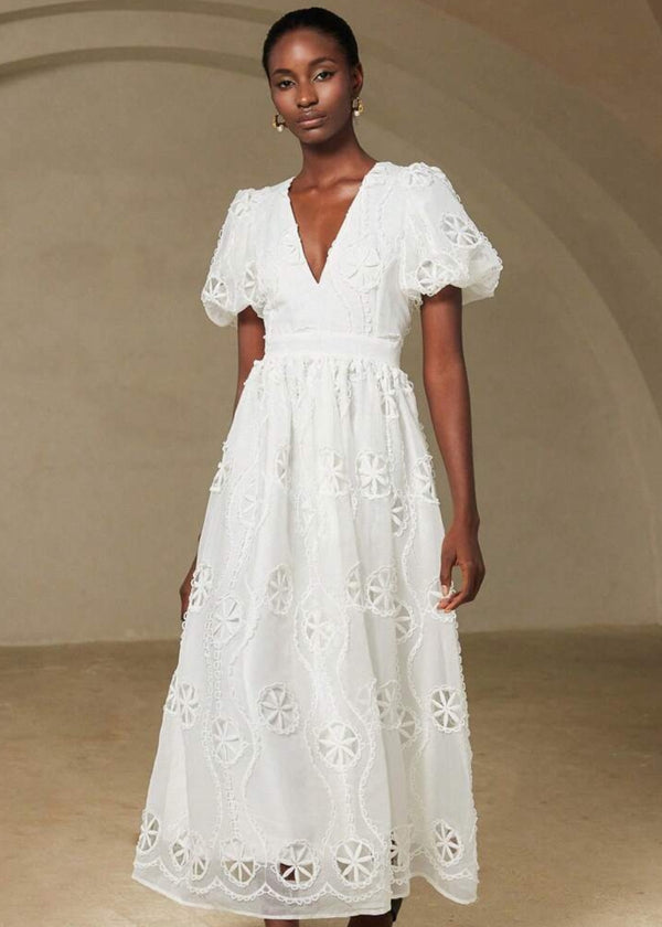 V-Neck Puff Sleeve Midi Dress with Embroidery