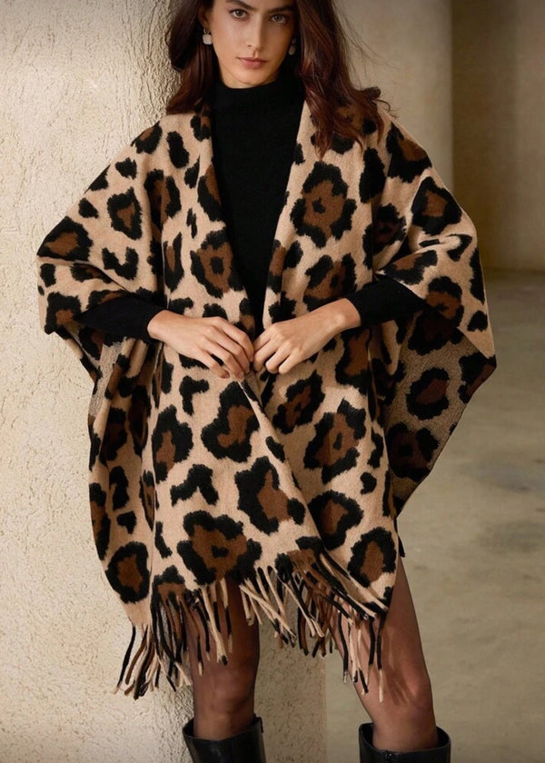 Leopard Print Fringe Hem Poncho Shawl