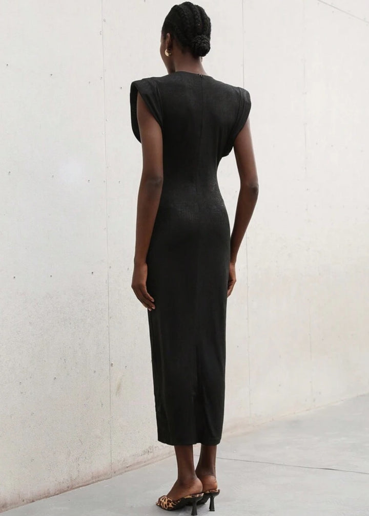 Seashell Button Maxi Shoulder Pad Dress