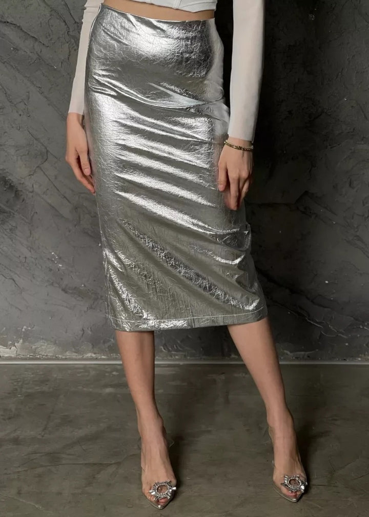 Crumpled Foil Texture High Waisted Midi Skirt