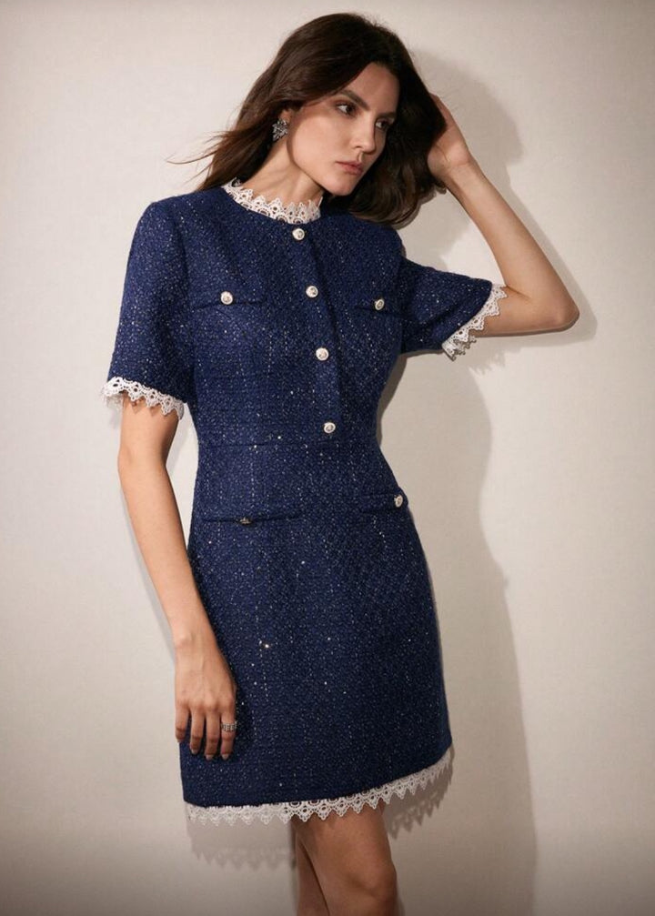 Tweed Button Front Lace Trim Mini Dress