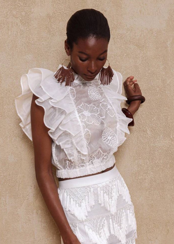 Embroidered Floral Ruffle Sleeve Top