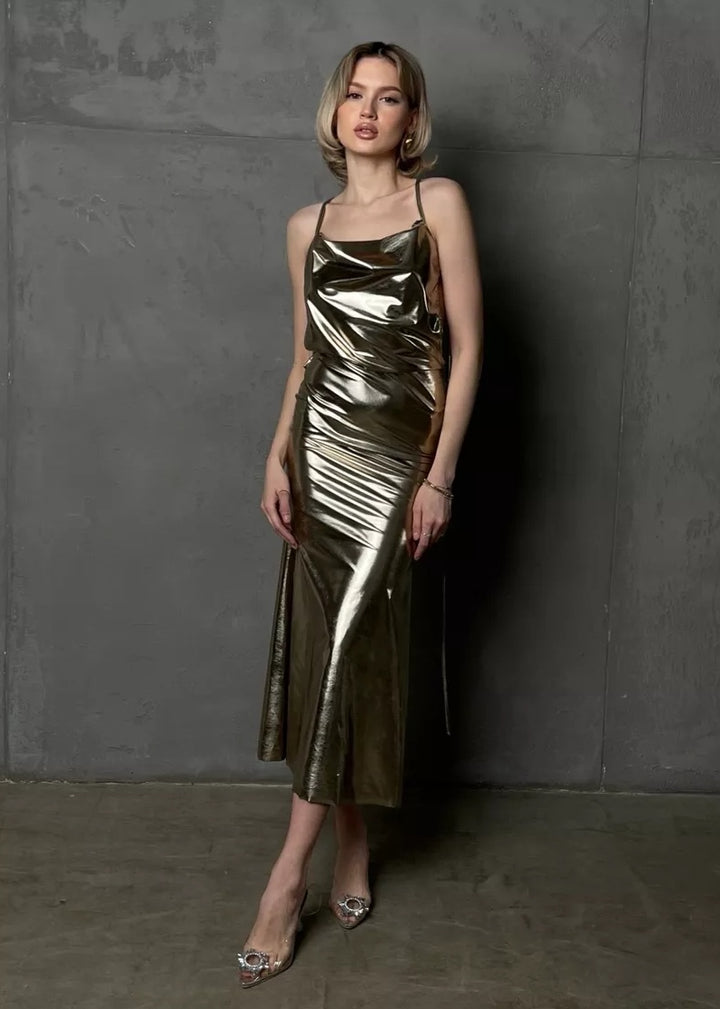 Backless Metallic Slip Dress