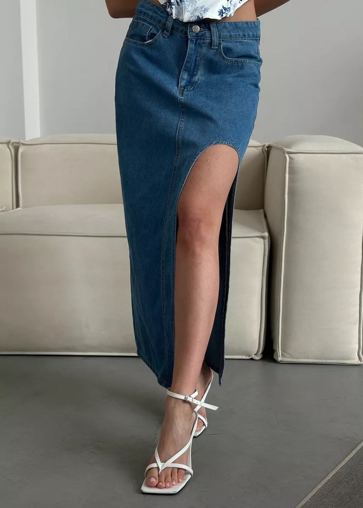 Side Slit Denim Midi Skirt