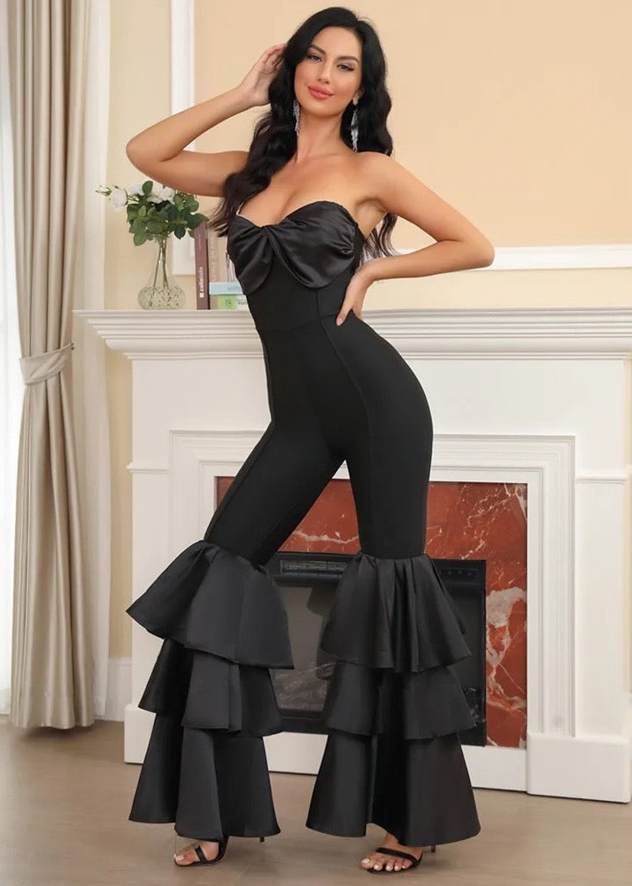 Layered Flared Leg Strapless Bandage Jumpsuit